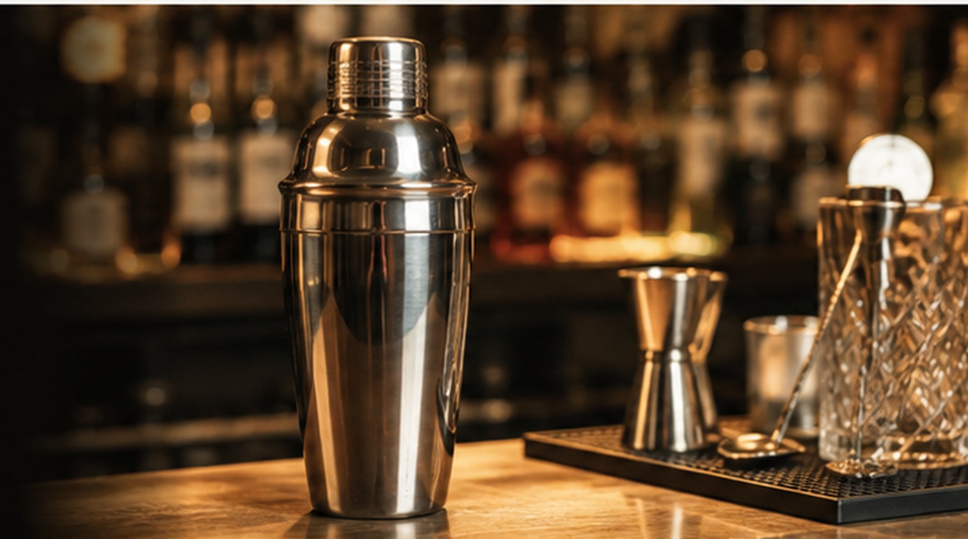 Stainless-steel cocktail shaker and bar tools on a warmly lit bar
