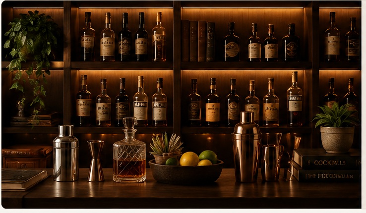 Warmly lit bar shelves arranged like a library with bottles, books, tools and fresh ingredients